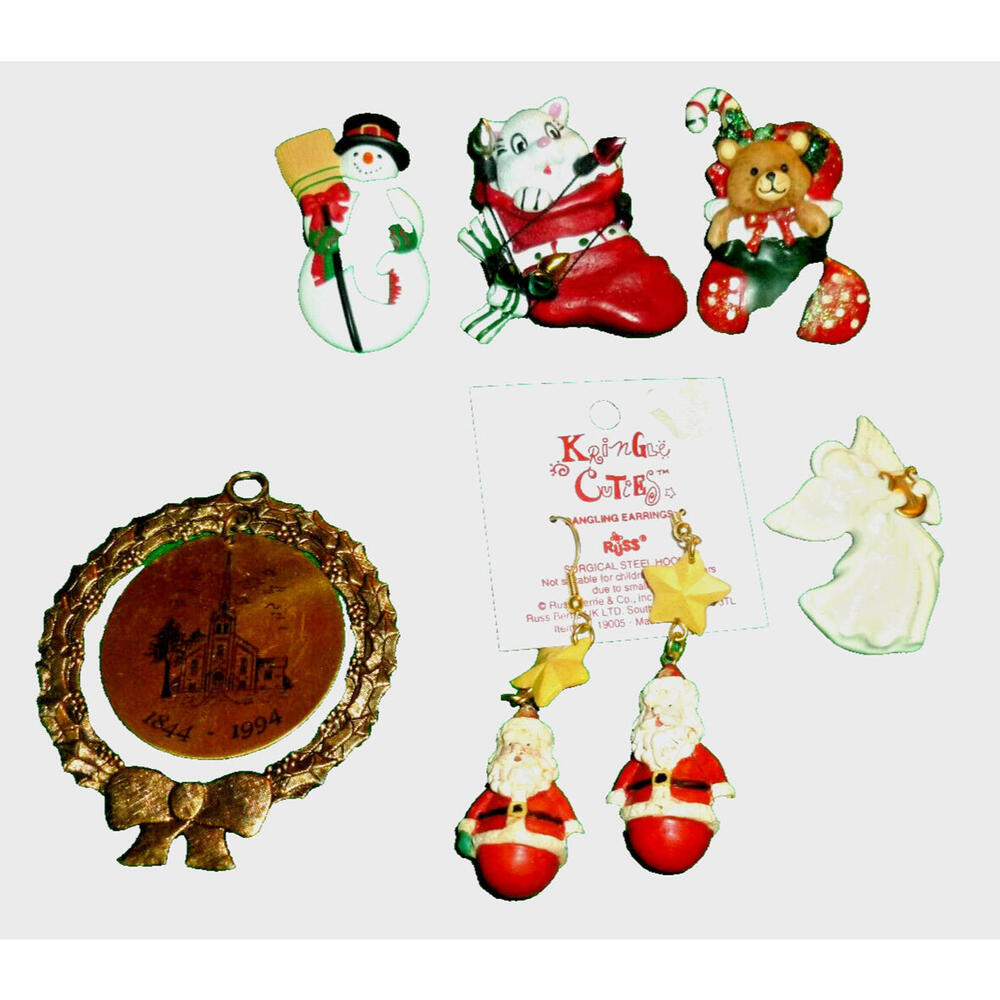 Lot of 6 Vintage Resin‎ Plastic Christmas Winter Angel  Brooch Pin Santa Bear